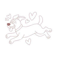 The happy dog is running. A dog surrounded by cute hearts. Linear illustration.