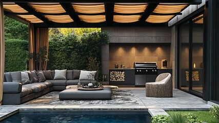 Modern outdoor living space with a built-in kitchen and pool