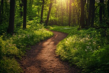 Naklejka premium Sunlit forest pathway in lush green woodland with blooming wildflowers at sunrise