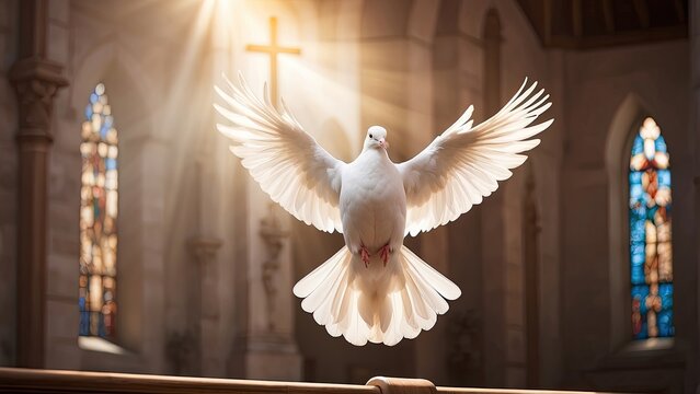 A white dove in mid-flight is depicted against a bright blue sky,