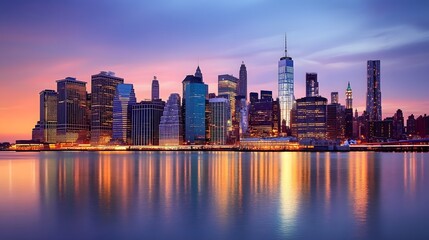 Obraz premium 45. New York City is skyline at dusk, tall buildings aglow and reflected in the smooth waters of the river, creating a serene scene