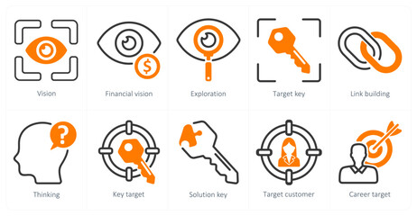 A set of 10 business icons as vision, financial vision, exploration, target key
