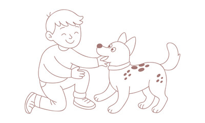 A boy plays with a dog. Friendship between a dog and a man. A pet. 