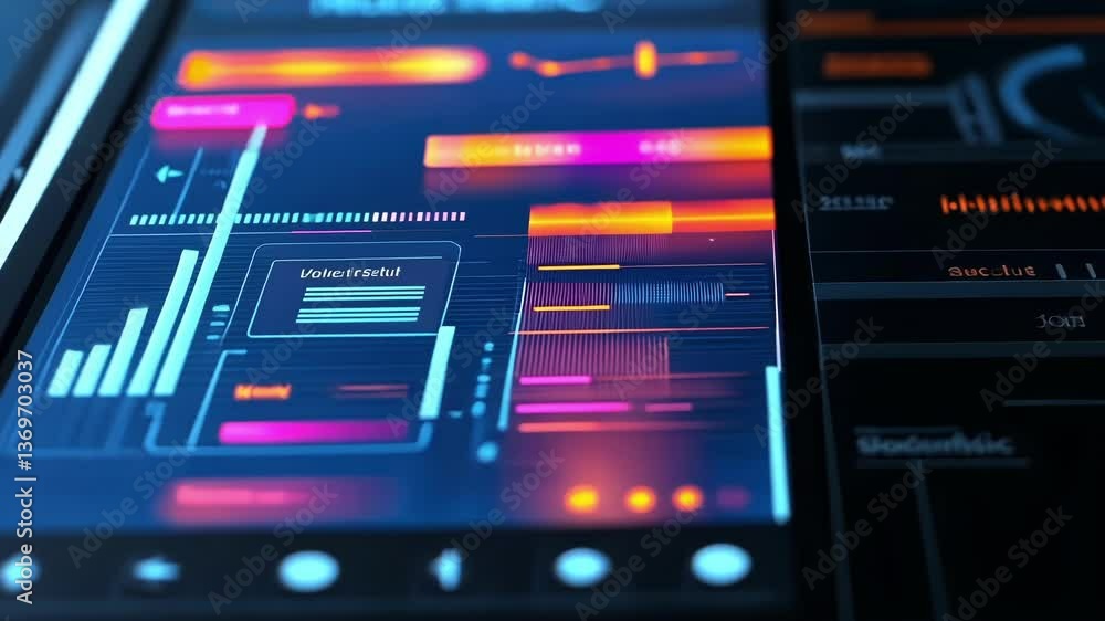 Poster futuristic smartphone showcasing a holographic user interface with data analysis and cyber security 