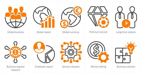 A set of 10 business icons as global business, global report, global currency