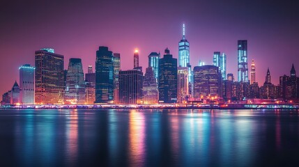 47. Panoramic view of the illuminated Manhattan skyline, with bright skyscrapers and a tranquil river beneath a deepening sky