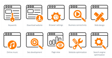 A set of 5 seo icons as keywords, download website, browser setting