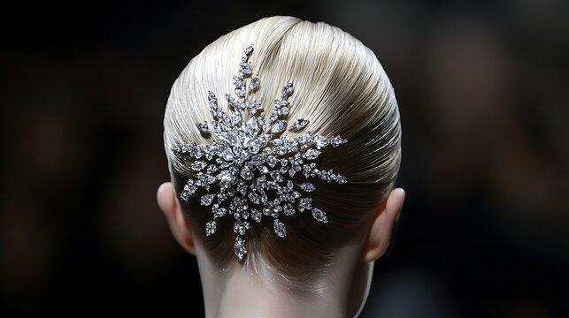 High-fashion royal bun featuring sleek platinum-blonde strands and diamond embellishments 
