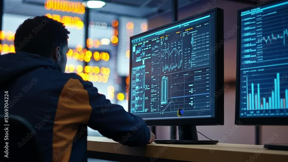 Aufkleber it engineer is working at night in a data center, checking graphs and big data on a computer screen,