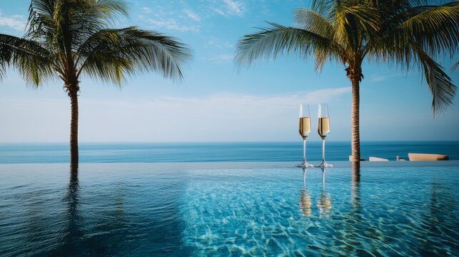 Tropical infinity pool with palm trees and champagne glasses overlooking ocean