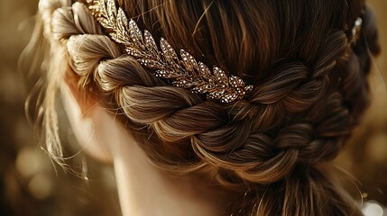Ethereal braided crown with shimmering strands woven into the design 