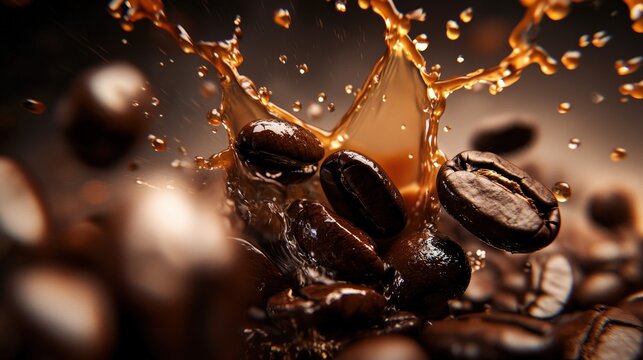 A captivating macro shot showcases the dynamic eruption of coffee beans amidst a swirl of rich, dark coffee, creating an alluring visual symphony.