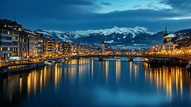 Mesmerizing Zurich cityscape at dusk: Reflections on Limmat river with snow-capped Alps view