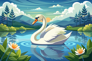 Obraz premium Swan on lake with green field and flowers , Highly detailed vector illustration