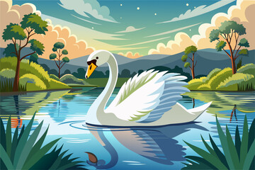 Obraz premium Swan on lake with green field and flowers , Highly detailed vector illustration