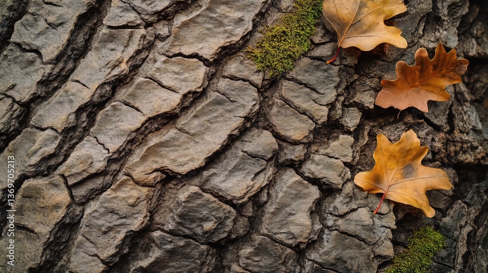 Poster a close-up view of rough bark from a tree, with small moss patches growing on it and a few fallen le