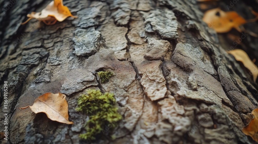 Poster a close-up view of rough bark from a tree, with small moss patches growing on it and a few fallen le