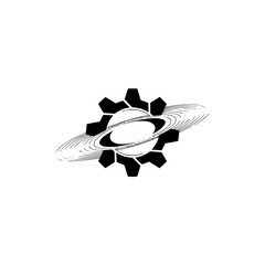 Futuristic Gear Icon with Planetary Rings, Monochrome, Minimalist Design © MatandSterre