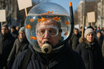 Protester wearing fishbowl helmet filled with goldfish