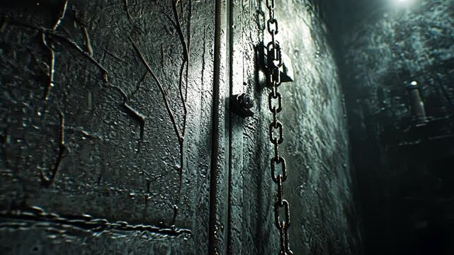 Eerie door leading to dimly lit prison cell chamber, secured by weathered chains and lock