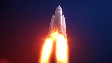 a rocket blasting off into space, leaving a trail of fiery exhaust against a dark backdrop