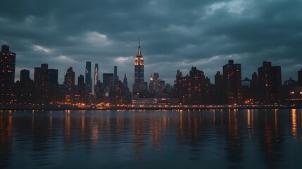 Obraz premium 55. Panoramic shot of Manhattan is glowing skyline at dusk, with towering buildings and the river reflecting the city lights