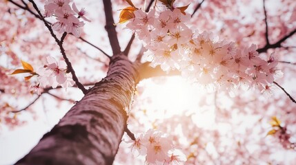 Capture the delicate beauty of cherry blossoms in full bloom from a unique perspective, the sunlight peaking through the branches.