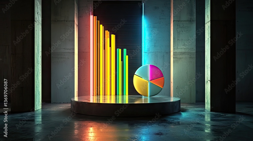 Poster 3d futuristic data analysis with dynamic bar graphs and pie charts in bright neon colors.