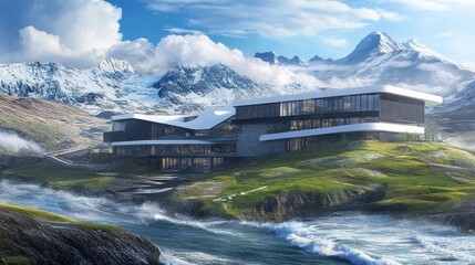 Modern building on mountainside overlooking stormy ocean