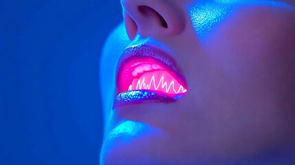 Womans lips with neon light, and closeup.