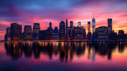 Fototapeta premium 56. A breathtaking twilight scene of Manhattan, with illuminated skyscrapers and reflections on the water beneath a colorful sky