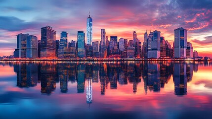 Obraz premium 56. A breathtaking twilight scene of Manhattan, with illuminated skyscrapers and reflections on the water beneath a colorful sky