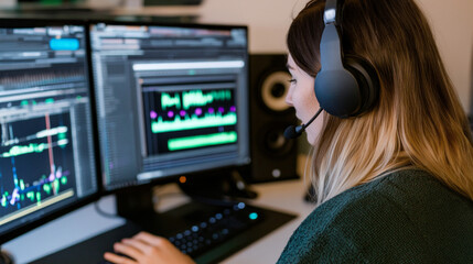 A woman sits with headphones on, editing audio files on dual monitors in a contemporary office setting, surrounded by technology and equipment, showcasing her concentration and skill.