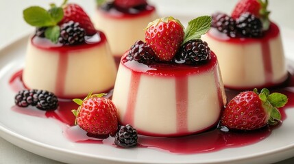 Classic Italian Dessert Panna Cotta with Strawberry Topping Isolated