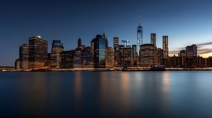 Naklejka premium 57. Panoramic view of the Manhattan skyline at dusk, featuring skyscrapers lit up with a soft glow and calm waters beneath
