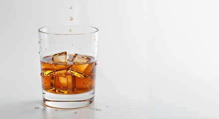 Whiskey pouring over ice in a glass on a white background -  