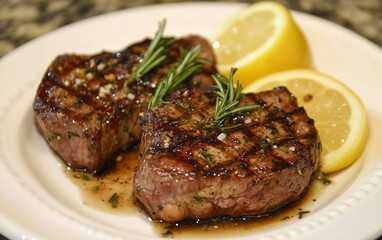 Grilled Filet Mignon Steaks with Lemon and Rosemary on a White Plate