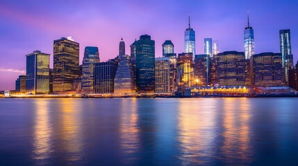Obraz premium 58. Stunning twilight panorama of Manhattan is illuminated skyline, with tall buildings shining brightly over the peaceful river