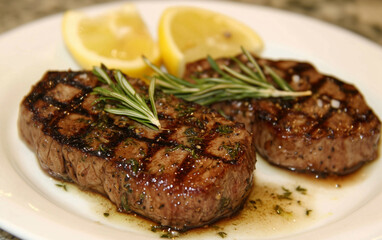Grilled Steak Filet Mignon with Rosemary and Lemon on a White Plate