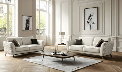 Contemporary Interior Design with Elegant Scandinavian Furniture and Large Windows 3D Illustration