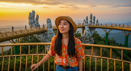 Happy A Young Woman Traveler in Vietnam Enjoying a Scenic Sunset on a Golden Bridge, Generative ai