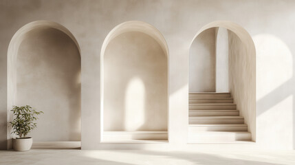 A soft-toned Mediterranean interior with repeating archways, matte plaster texture, calm lighting