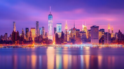 61. Twilight view of Manhattan is illuminated skyline, with skyscrapers glowing and the river reflecting the vibrant city lights