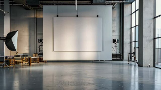 A bright and airy art gallery features an expansive layout with large windows. An empty canvas hangs on the wall, inviting creativity and new exhibitions.