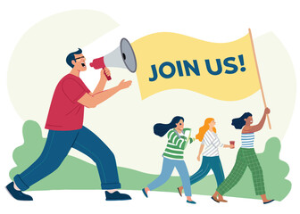 Join Us! Engaging Illustration of a Person Pointing at a Bold 'Join Us' Message, Invitation and Call to Action Concept
