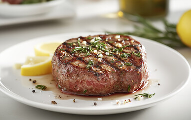 Grilled Filet Mignon Steak with Rosemary, Garlic, and Lemon on White Plate