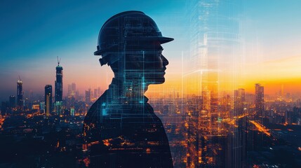 Silhouette of an engineer with city overlay at sunset. It can illustrate construction, city planning, and development.