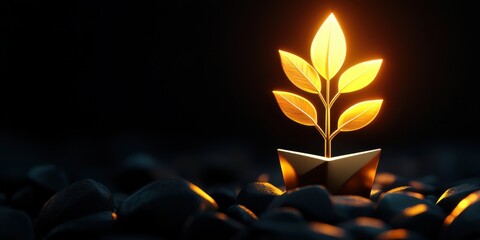 competition success establishment business concept. Glowing plant emerging from rocks in dark setting.