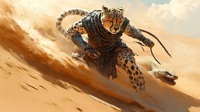 Armored cheetah chasing desert serpent