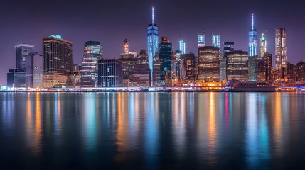 Obraz premium 62. Panoramic evening shot of Manhattan is skyline, with bright lights illuminating the buildings and reflecting in the calm river